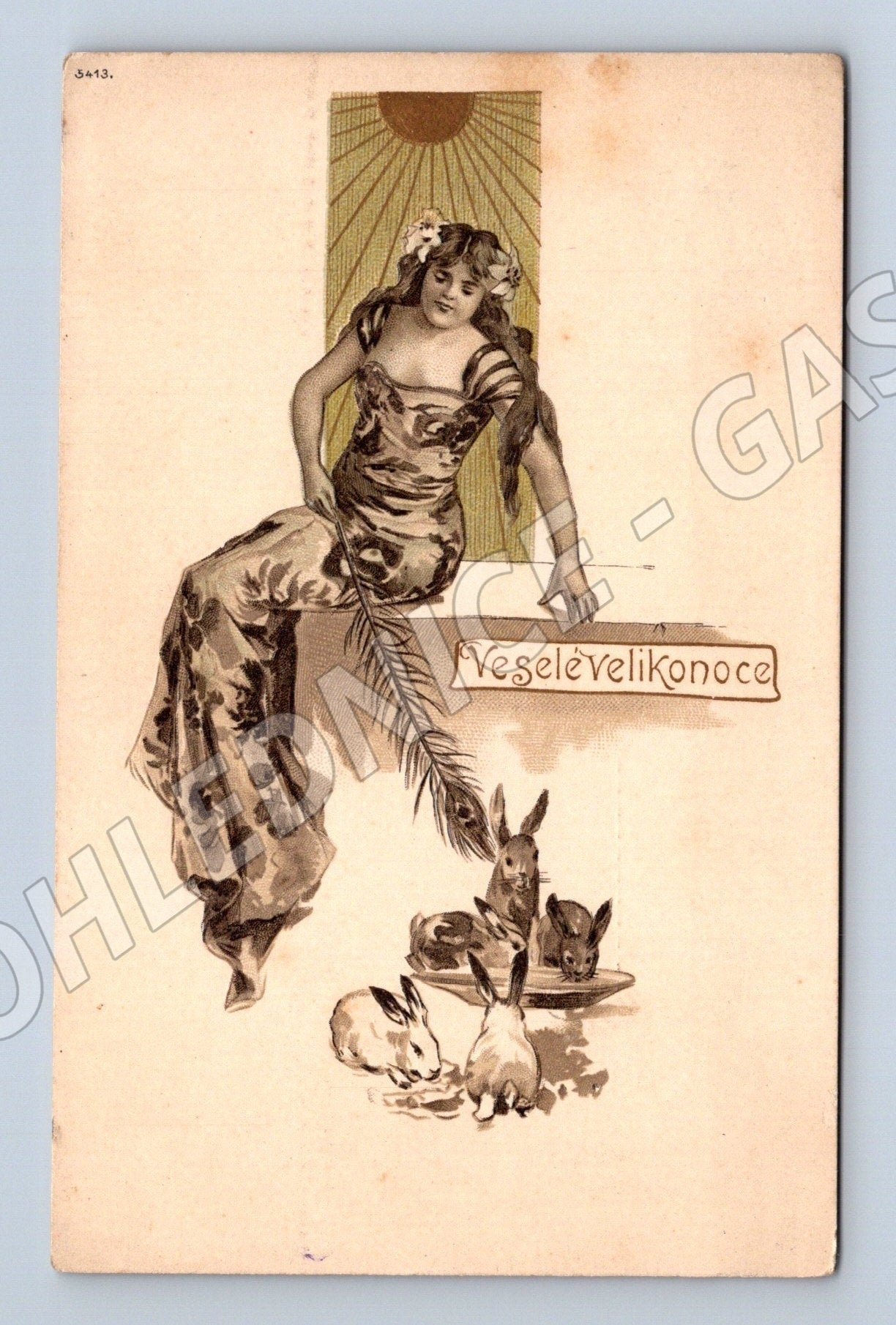 Pohlednice Veselé Velikonoce žena a zajíci (M25863)