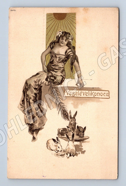 Pohlednice Veselé Velikonoce žena a zajíci (M25863)