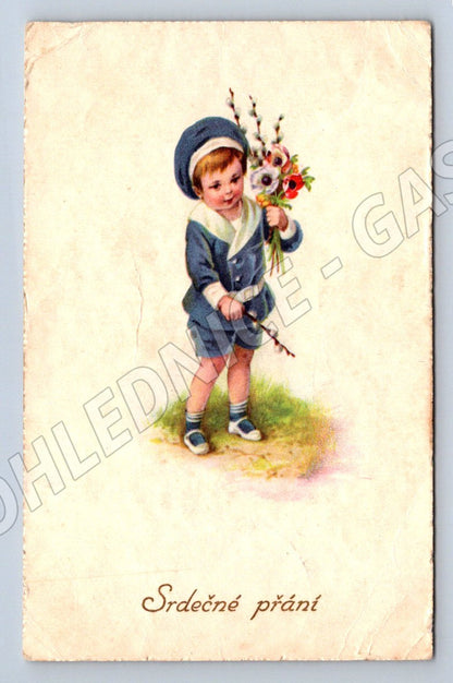 Postcard child with flowers greeting card (M2588)