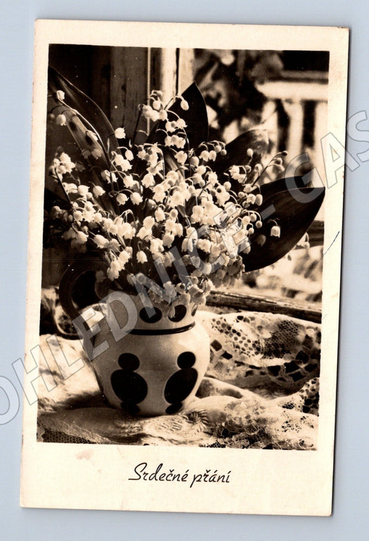 Pohlednice konvalinky ve váze Srdečné přání 1937 (M25892)