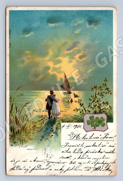 Postcard romantic scene by the water boat (M2590)