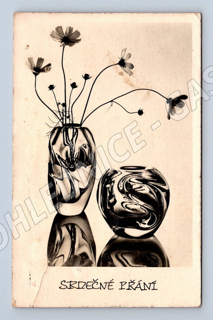 Pohlednice Srdečné přání moderní květiny 1950s (M25910)