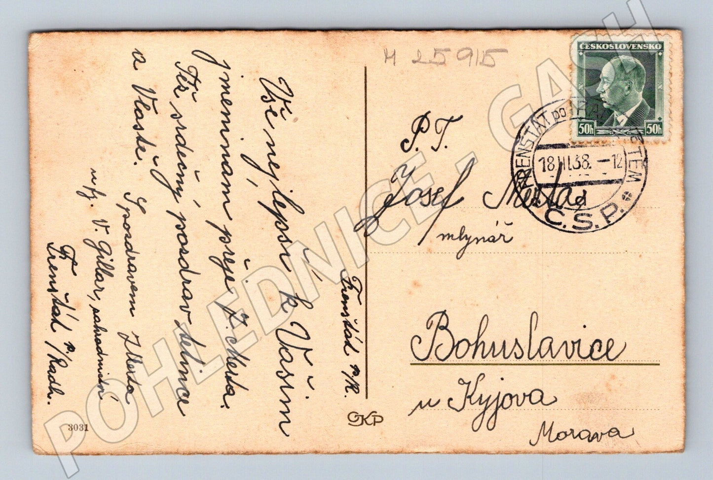 Pohlednice blahopřání k jmeninám ovoce 1938 (M25915)