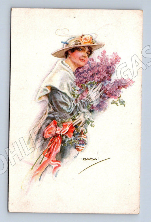 Pohlednice ilustrace žena s šeříkem 1921 (M25963)