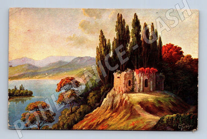 Pohlednice Království SHS malba jezero ruina cypřiše (M25976)