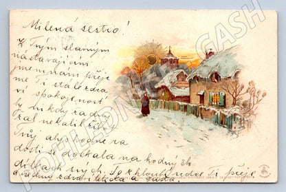 Postcard of a winter village with a church (M2602)