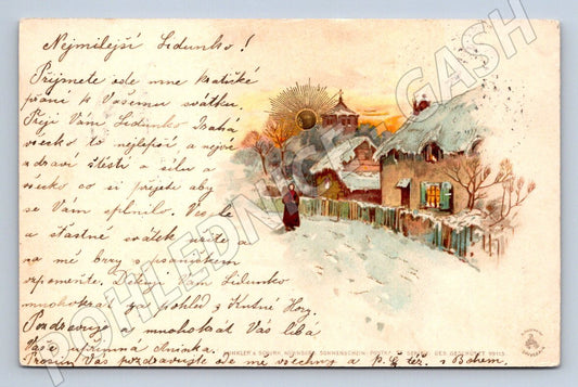Postcard winter cottage with handwriting (M2603)
