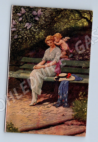 Pohlednice alegorický motiv žena a Amor (M26050)