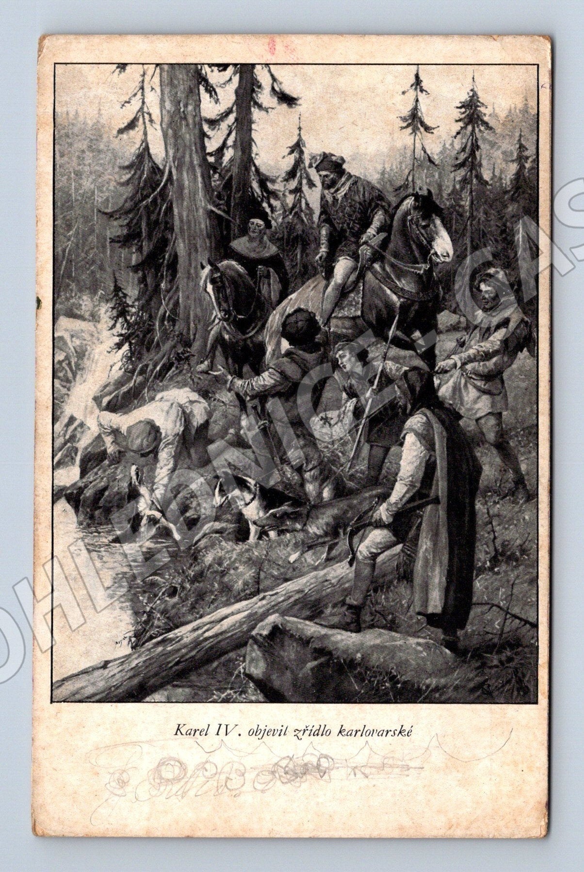 Pohlednice Karel IV. objev karlovarských pramenů (M26067)