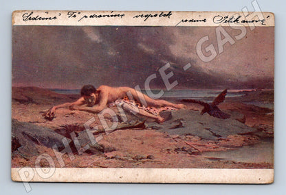 Pohlednice umělecký motiv muž a pták 1907 (M26095)