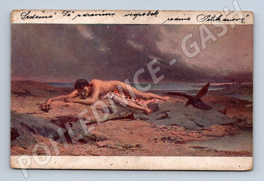 Pohlednice umělecký motiv muž a pták 1907 (M26095)