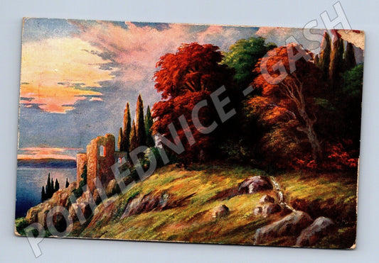 Pohlednice Umělecká krajina zřícenina cypřiše západ slunce (M26121)