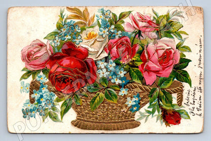 Postcard basket of roses and blue flowers letter (M2625)