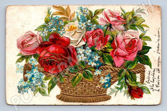 Postcard basket of roses and blue flowers letter (M2625)