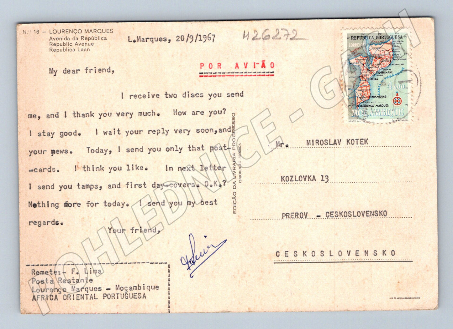 Pohlednice Mosambik Lourenço Marques ulice 1967 (M26272)