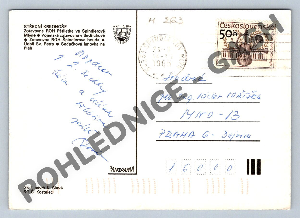 Pohlednice Krkonoše – Špindlerův Mlýn, 1985, mapa, zimní motiv (M263)
