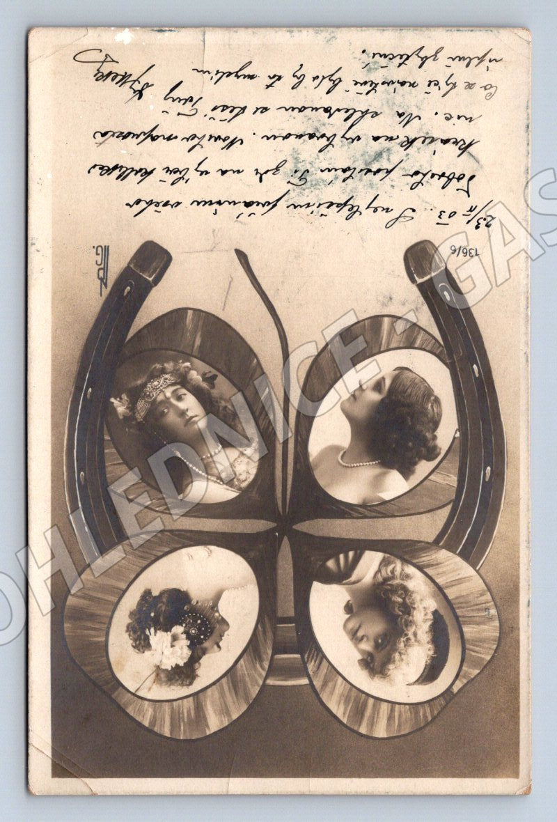 Postcard with four-leaf clovers and portraits of women (M2638)