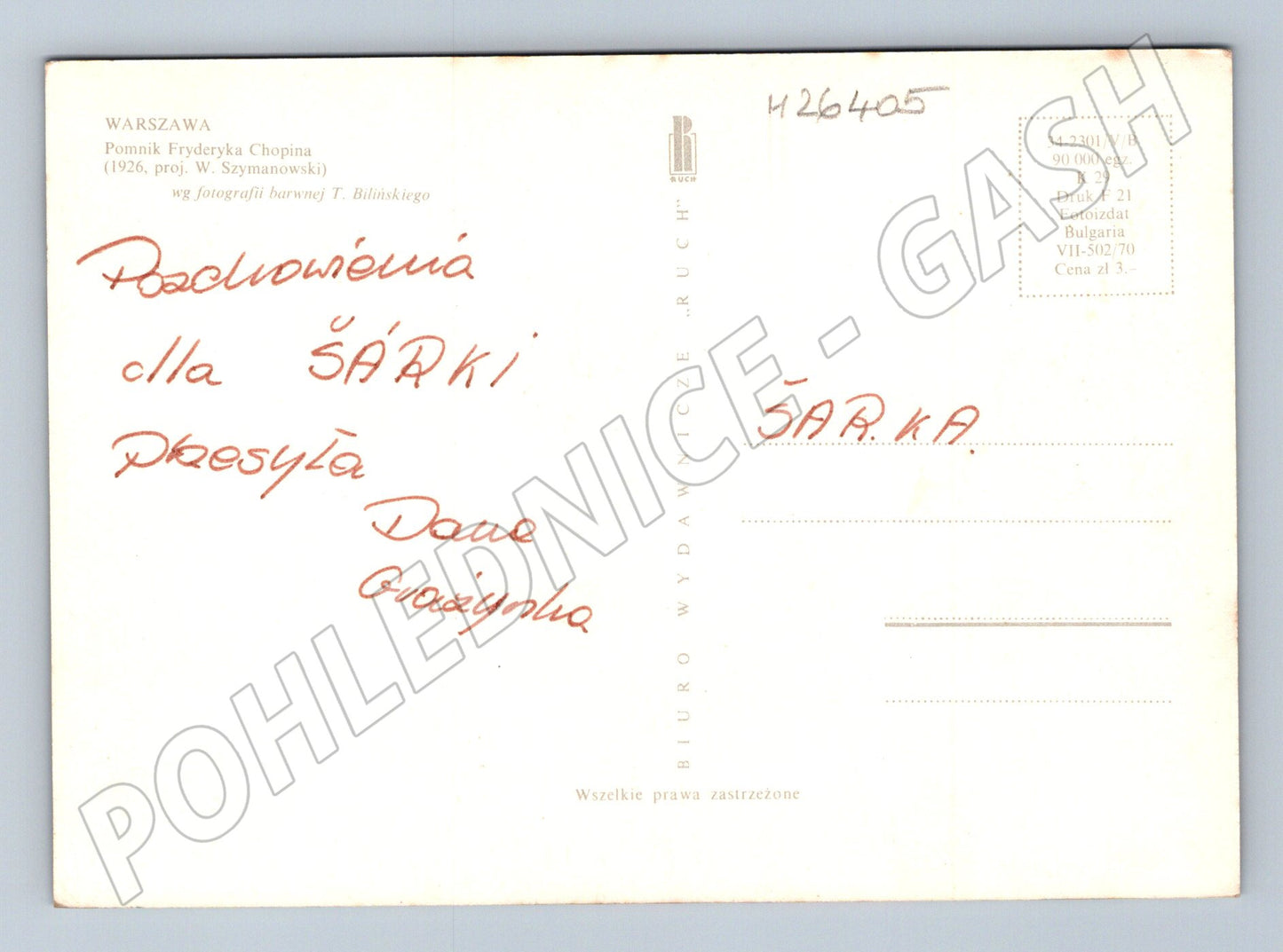 Pohlednice Polsko Varšava Chopinův pomník 1970 (M26405)