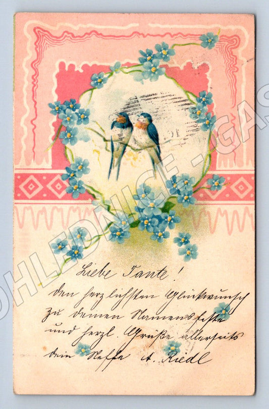 Postcard birds and blue flowers Prague (M2649)