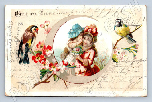 Postcard children in traditional costumes and birds (M2651)