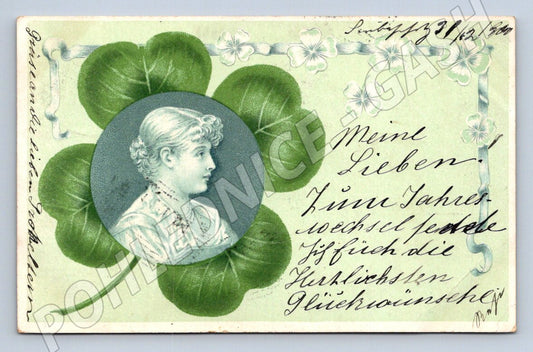 Postcard portrait of a woman and a four-leaf clover (M2652)
