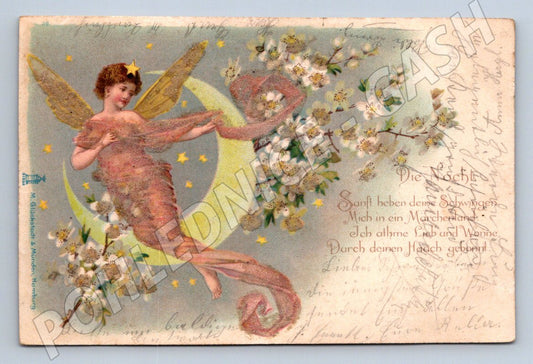 Postcard angel and flowers German text (M2656)