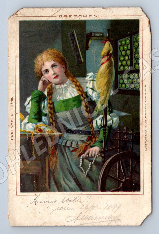 Postcard woman at the spinning wheel Berlin 1909 (M2678)