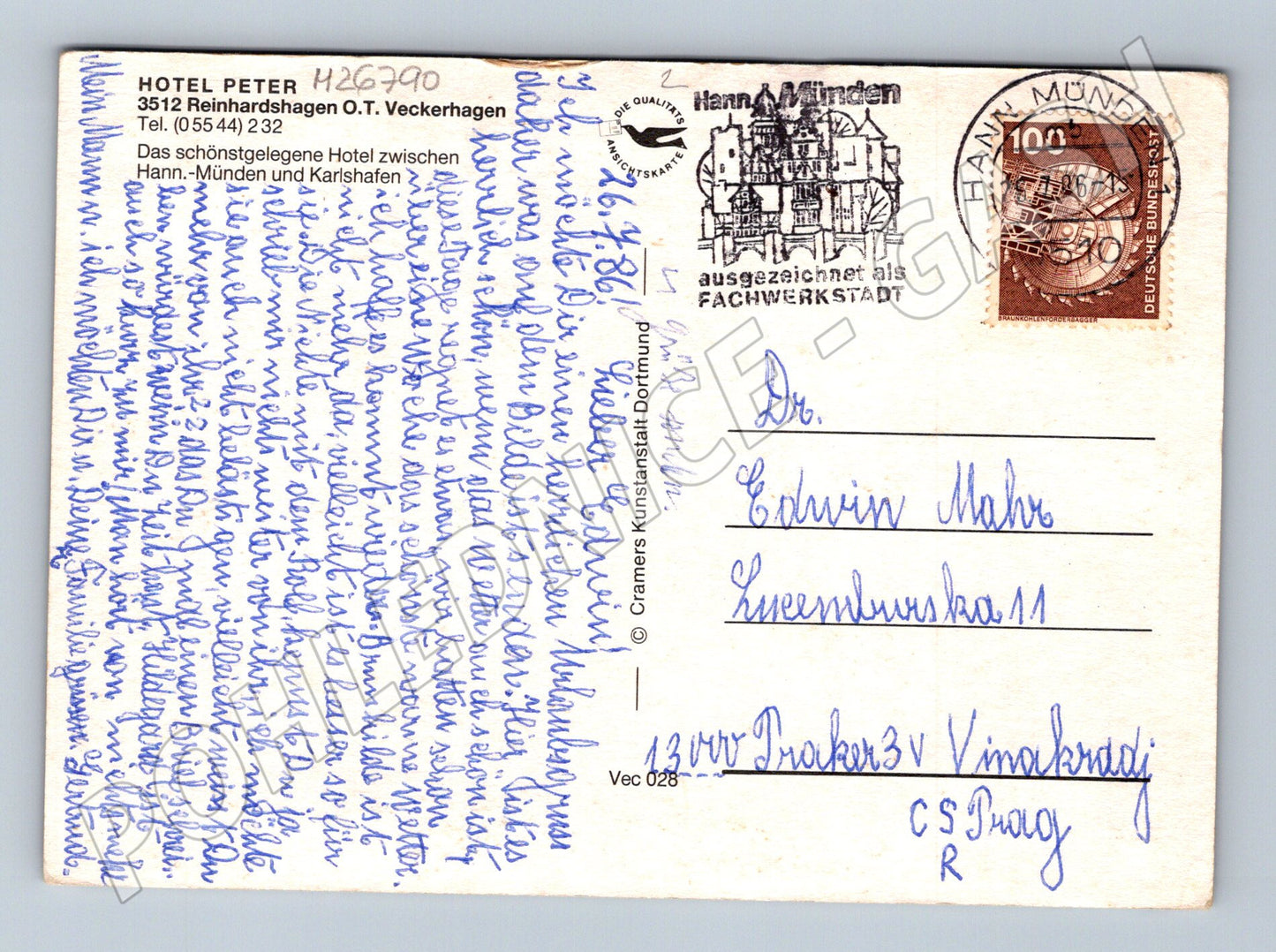 Pohlednice Německo Reinhardshagen Hotel Peter 1986 (M26790)