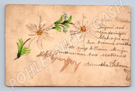 Postcard painted flowers and dedication (M2680)