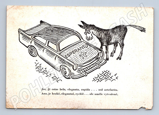 Pohlednice Ostrava kreslený motiv auto osel Esperanto 1958 (M26808)