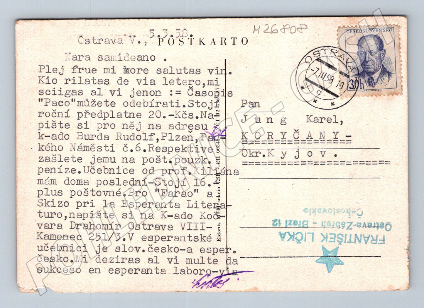 Pohlednice Ostrava kreslený motiv auto osel Esperanto 1958 (M26808)