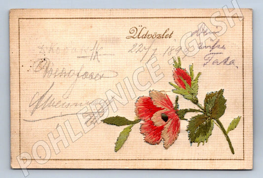 Pohlednice vyšívaný květ 1899 etnografie (M2682)