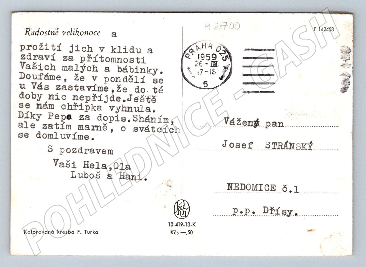 Postcard F. Turek Easter drawing 1959 (M2700)