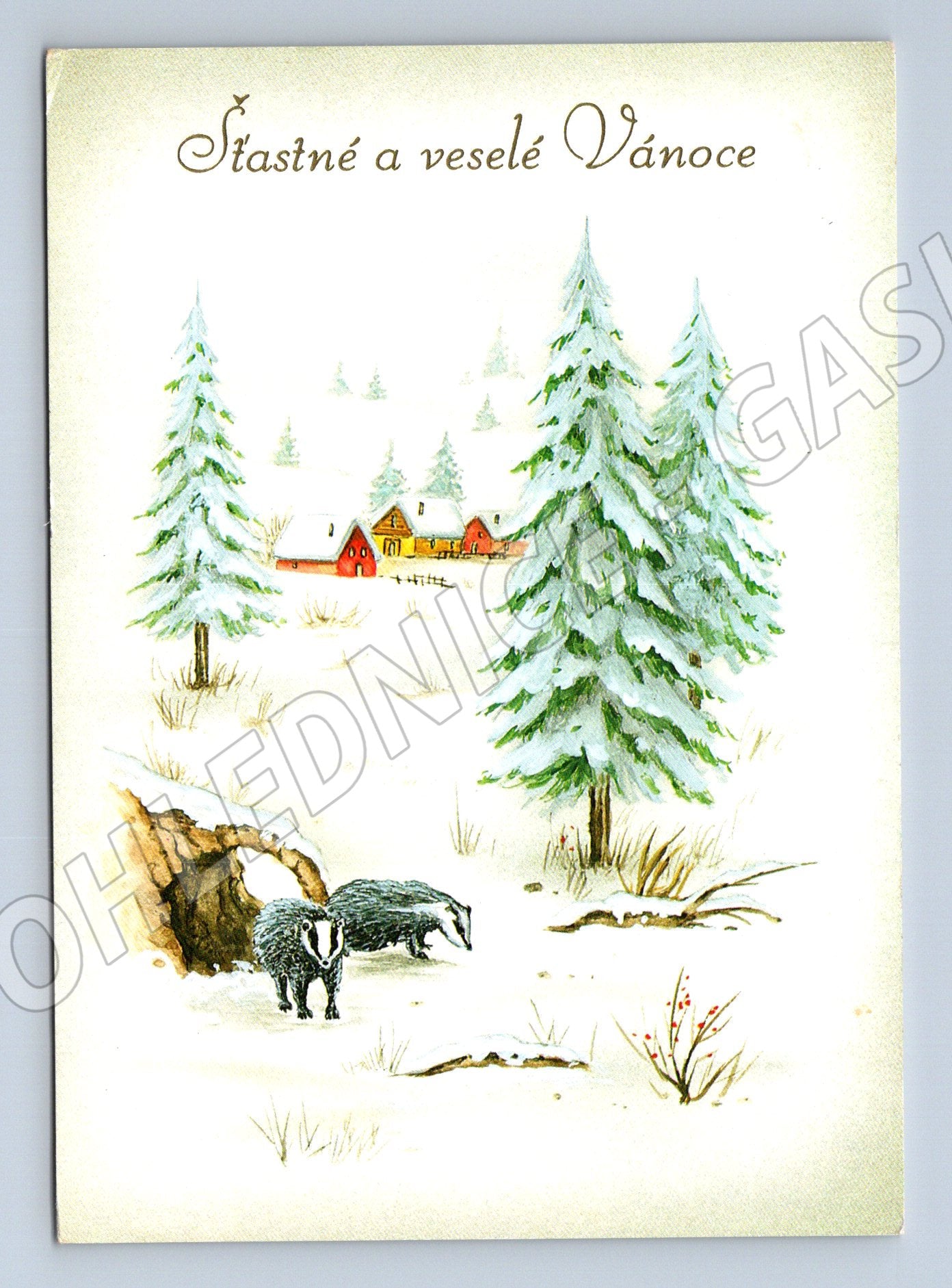 Pohlednice Vánoce jezevci zimní krajina 1993 (M27000)