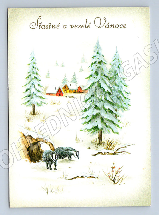 Pohlednice Vánoce jezevci zimní krajina 1993 (M27000)
