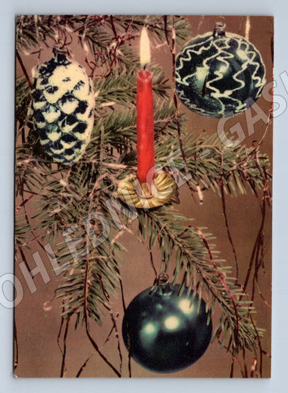 Pohlednice vánoční ozdoby a svíčka 1965 (M27042)