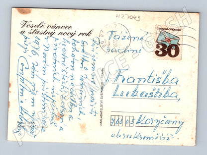 Pohlednice Vánoční motiv se šiškami a ozdobami 197x (M27043)