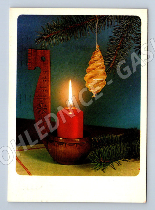 Pohlednice Vánoční svíčka a jehličí 1986 (M27051)