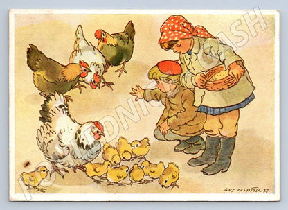 Postcard Antonín Pospíšil children and chickens 1958 (M2707)
