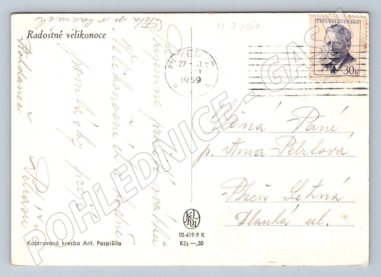 Postcard Antonín Pospíšil children and chickens 1958 (M2707)