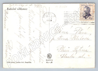 Postcard Antonín Pospíšil children and chickens 1958 (M2707)