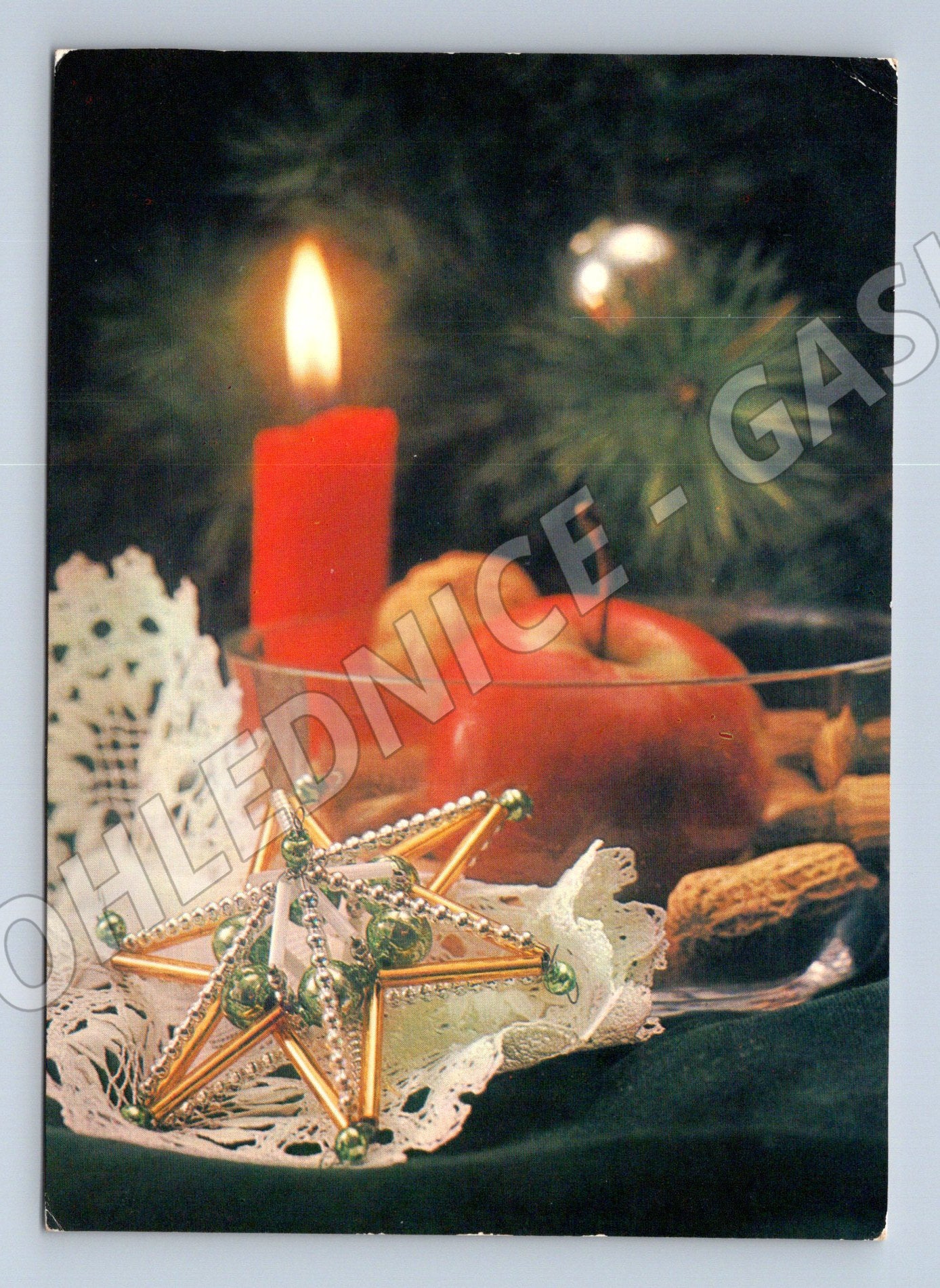Pohlednice Vánoční motiv svíčka a jablko 1986 (M27085)