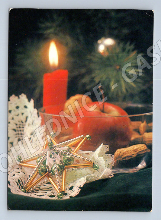 Pohlednice Vánoční motiv svíčka a jablko 1986 (M27085)