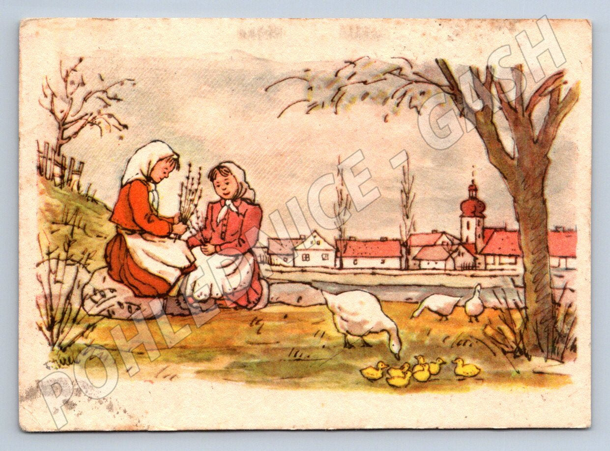 Postcard girl and geese ethnography 1956 (M2709)