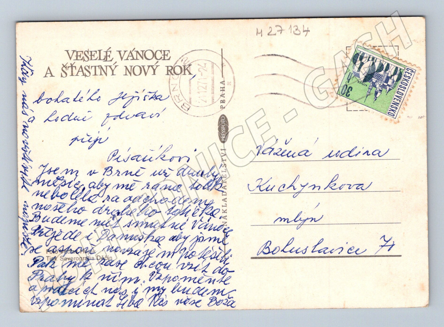 Pohlednice Vánoční motiv svíčka a jmelí 1971 (M27134)