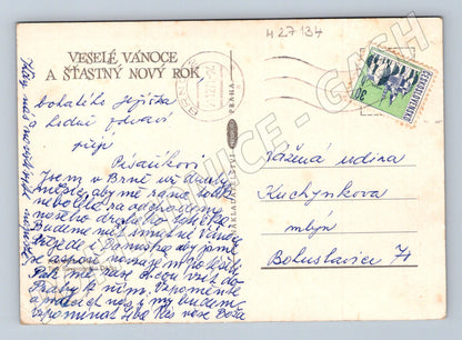 Pohlednice Vánoční motiv svíčka a jmelí 1971 (M27134)