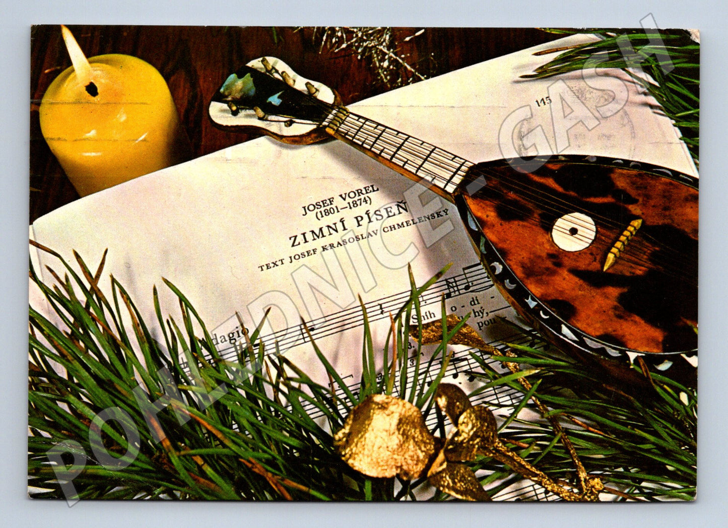 Pohlednice Vánoční motiv s mandolínou a notami 1974 (M27136)