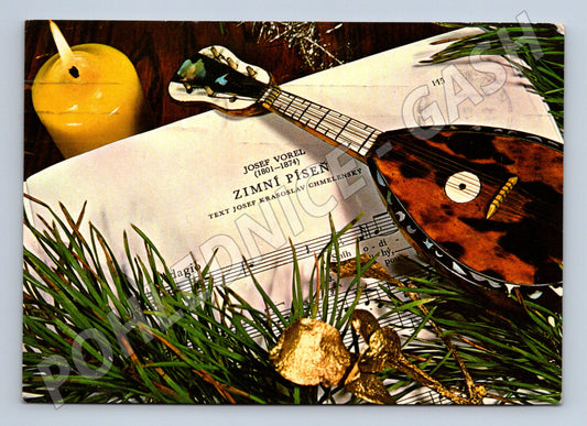 Pohlednice Vánoční motiv s mandolínou a notami 1974 (M27136)