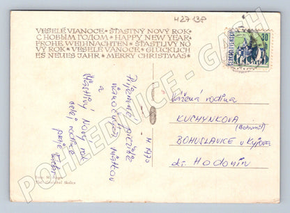 Pohlednice Vánoční motiv svíčka zvoneček 1970 (M27138)