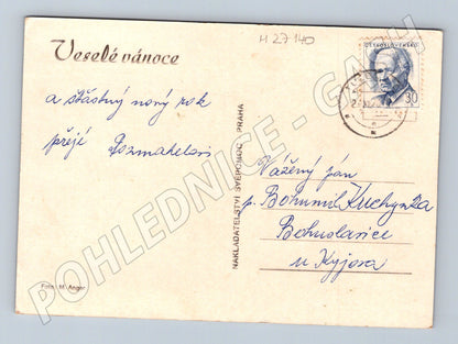 Pohlednice Vánoce vánoční stromek svíčka 1957 (M27140)